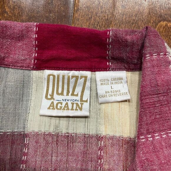 Quizz Again Vintage Western Checkered Cream Red Button Front Shirt Women's Large - Picture 3 of 8